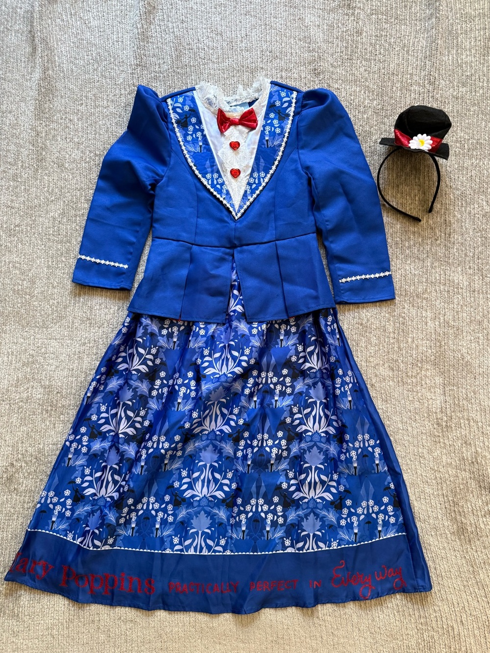 Disney Mary Poppins Girls Costume Dress Hat Headband Size 7-8